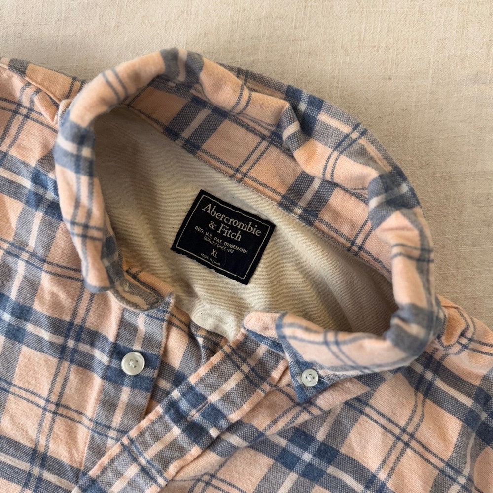 Abercrombie & Fitch Mens‎ XL Flannel Plaid Button Down Peach Blue Long Sleeve - Picture 4 of 8